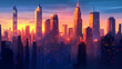 © Thiago - A stunning view of skyscrapers against a deep blue sky, showcasing modern architecture with warm light reflections. Underground Skyscrapers. Illustration
