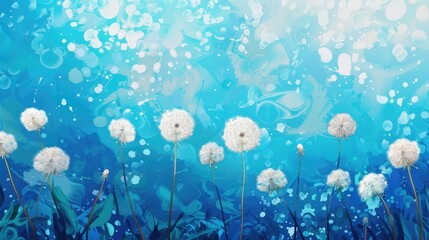 Wall Mural - A vibrant underwater scene with dandelion-like flowers swaying gently amidst a blue abstract background