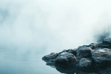 Poster - Serene hot spring with steam rising above rocky edges creating a tranquil escape at sunrise in a natural landscape. Generative AI