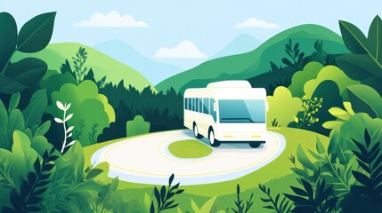 Poster - tour bus travels along winding road through lush greenery in a scenic landscape. generative ai