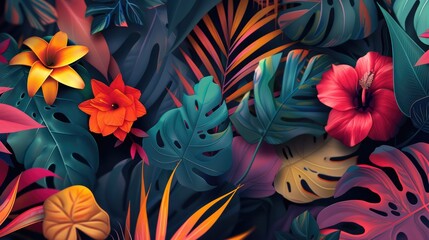 Wall Mural - Vibrant tropical foliage featuring colorful flowers and leaves creating a lush, exotic backdrop for design