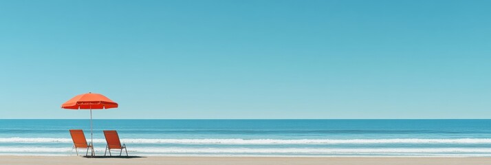 Poster - Calm beach with lounge chairs and an umbrella under a clear blue sky near gentle ocean waves. Generative AI