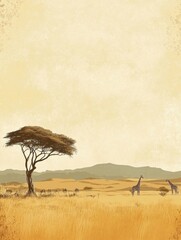 Poster - Solitary acacia tree stands in African savanna with distant giraffes amidst golden grasslands under a serene sky. Generative AI