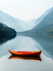 Aufkleber - Solitary kayak floating on a calm mountain lake surrounded by serene mountain landscapes at dawn. Generative AI