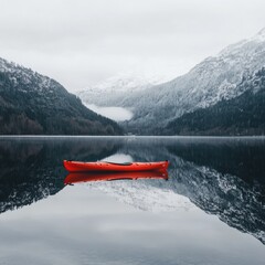 Poster - Lone red kayak drifting on a calm mountain lake surrounded by snow capped peaks at dawn. Generative AI