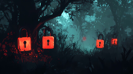 Poster - Glowing red padlocks in dark forest. Witchwood Forests. Illustration