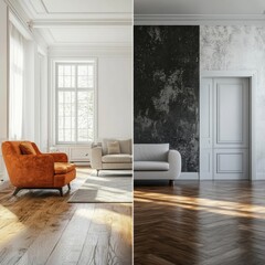 Aufkleber - Contrast of old dark interiors and bright modern design in renovated room. Generative AI