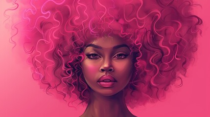 Wall Mural - A vibrant portrait of a woman with striking pink curly hair against a soft pink background, exuding confidence and beauty