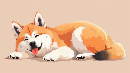 Wall Mural - Cartoon illustration of a relaxed Shiba Inu lying down with a joyful expression on a soft background