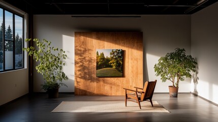 Poster - Chair in a room with a painting on the wall and studio lighting featuring natural colors and details
