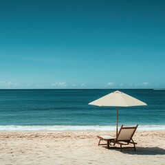 Poster - Minimalistic beach lounge chair with umbrella under a clear blue sky and calm ocean waves at midday. Generative AI