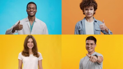 Poster - A cheerful gathering of four individuals from different backgrounds happily giving a thumbs up. Each person stands against a vibrant, colorful backdrop, showcasing a lively atmosphere.