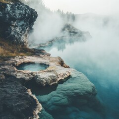 Poster - Relaxing in natural hot springs as steam rises above rocky edges during a tranquil morning. Generative AI