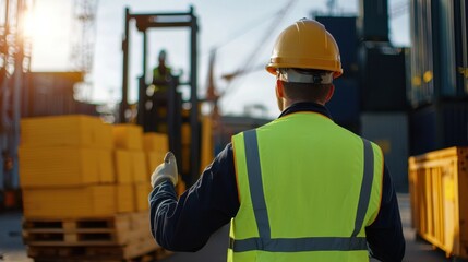 Poster - A man in a yellow vest and a hard hat is standing in front of a pile of boxes