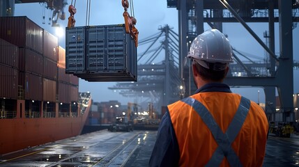 Poster - A man in a safety vest is standing on a wet dock