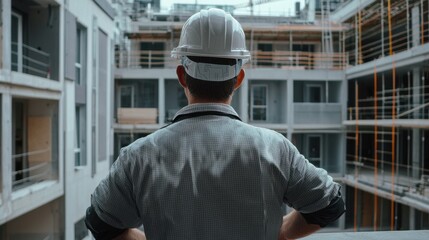 Poster - A man wearing a hard hat stands in front of a building