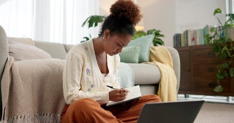 Poster - Woman, student and notes with laptop for education, university application and research. African person, notebook and information with curriculum, college enrollment and scholarship notification