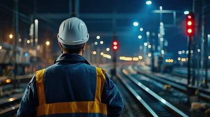 Poster - A man in a hard hat stands on a train track