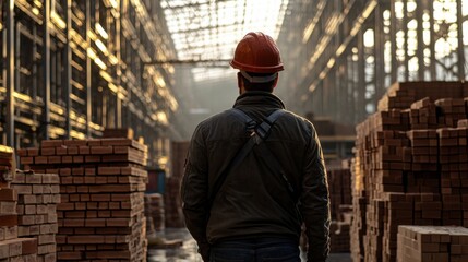 Poster - A man in a hard hat walks through a warehouse full of bricks