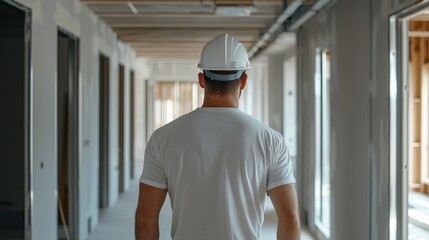 Poster - A man wearing a white shirt and a hard hat walks down a hallway