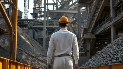 Poster - A man in a white shirt and safety gear walks through a pile of rocks