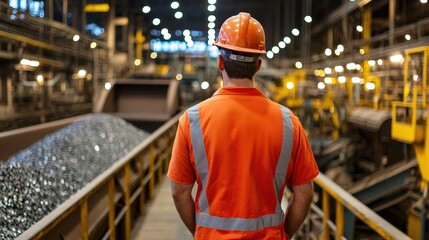 Aufkleber - A man in an orange shirt and a hard hat stands in front of a pile of metal