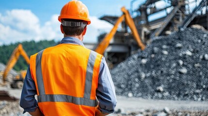 Poster - A man in an orange safety vest stands in front of a pile of rocks