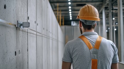 Poster - A man in a hard hat and orange vest is walking through a building