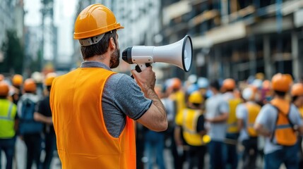 Poster - A construction worker with a megaphone is directing traffic