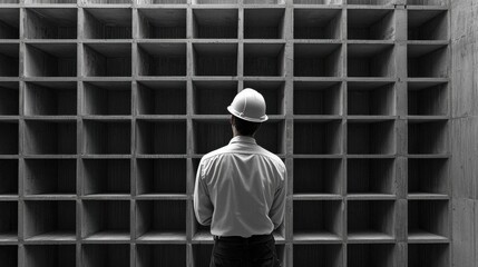Poster - A man in a white shirt and a hard hat stands in front of a row of shelves