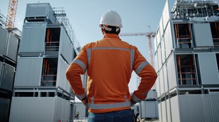Poster - A construction worker in an orange jacket stands in front of a row of buildings