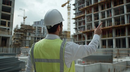 Poster - A construction worker points to a building in the distance