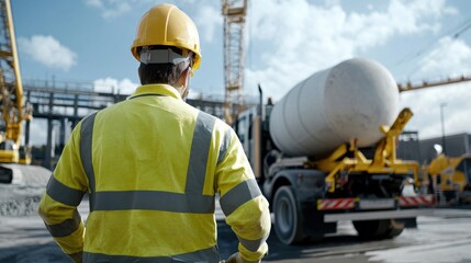 Poster - A construction worker wearing a yellow jacket stands next to a large truck
