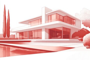 Poster - Modern villa poolside rendering, sunny day, landscaping