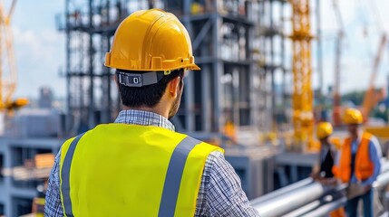 Poster - A man in a yellow vest and a hard hat stands on a bridge