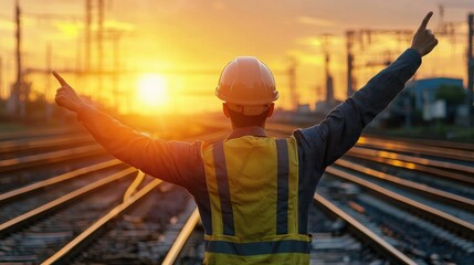 Poster - A man in a yellow vest is pointing at the sun