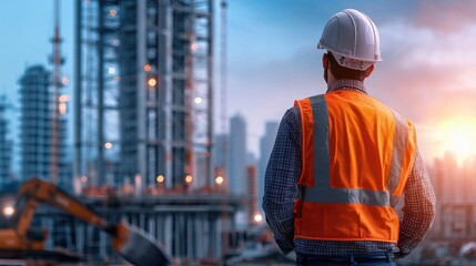 Poster - A construction worker in an orange vest stands in front of a large building