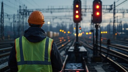 Poster - A man in a yellow vest stands on a train track