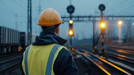 Poster - A man in a yellow vest stands on a train track