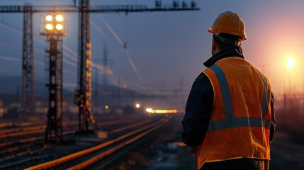 Poster - A man in an orange safety vest stands on a train track