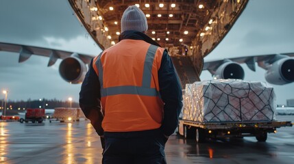 Poster - A man in an orange vest stands in front of an airplane, looking at the cargo