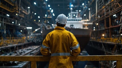 Poster - A man in a yellow jacket stands on a railing looking at a large ship