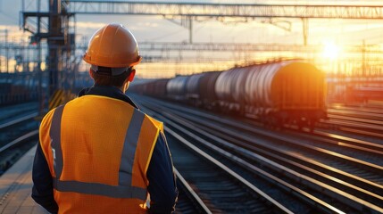 Poster - A man in a yellow vest stands on a train track