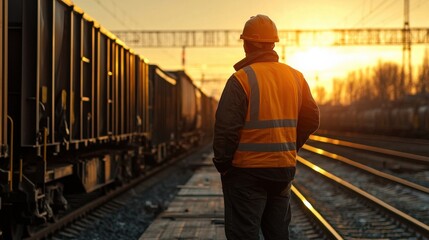 Poster - A man in a safety vest stands on a train track
