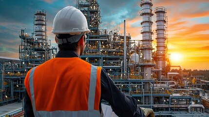 Aufkleber - A man in a safety vest stands on a platform overlooking a large industrial plant