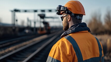 Poster - A man in an orange and blue safety vest stands on a train track