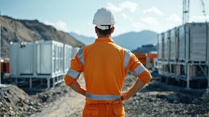 Poster - A man in an orange safety suit stands in front of a large building