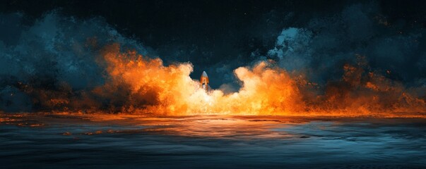 Wall Mural - Fiery cloudscape over dark water, dramatic background, game asset