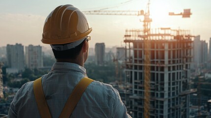 Poster - A man in a yellow hard hat looks out over a city