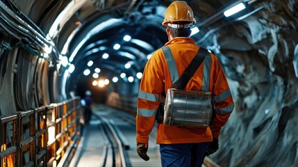 Poster - A man in an orange safety vest walks through a tunnel